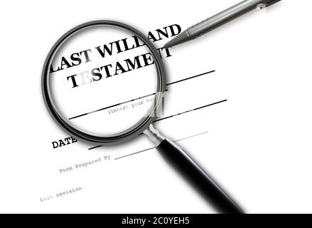 Close up of magnifying glass of Last Will and Testament Stock Photo