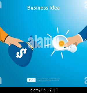 Buy and sell transaction of business idea with hand hold light bulb dollar coin bag and growing plant object. Financial innovation solution concept or Stock Vector