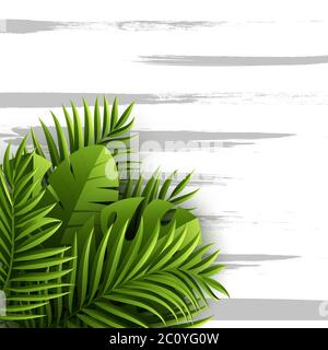 Exotic jungle tropical palm leaves. Summer floral background with grunge texture, vector illustration. Stock Vector