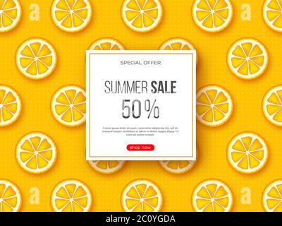 Summer sale banner with sliced orange pieces and dotted pattern. Yellow background - template for seasonal discounts, vector illustration. Stock Vector