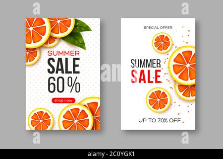 Summer sale banners with sliced grapefruit pieces, leaves and dotted pattern. White background - template for seasonal discounts, vector illustration. Stock Vector