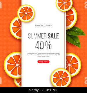 Summer sale banner with sliced grapefruit pieces, leaves and dotted pattern. Orange background - template for seasonal discounts, vector illustration. Stock Vector