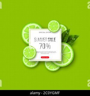Summer sale banner with sliced lime pieces, leaves and dotted pattern. Green background - template for seasonal discounts, vector illustration. Stock Vector