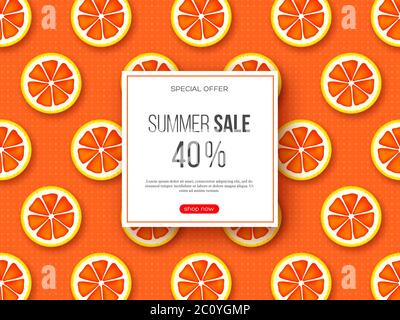 Summer sale banner with sliced grapefruit pieces and dotted pattern. Orange background - template for seasonal discounts, vector illustration. Stock Vector