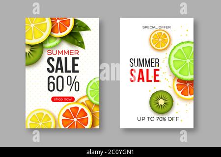 Summer sale banners with sliced citrus and kiwi pieces, leaves and dotted pattern. White background - template for seasonal discounts, vector Stock Vector