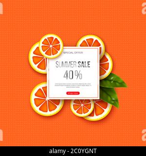 Summer sale banner with sliced grapefruit pieces, leaves and dotted pattern. Orange background - template for seasonal discounts, vector illustration. Stock Vector