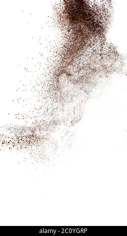 Deep brown powder dust explosion and falling down against white background. Stock Photo