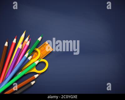 Realistic school supplies on blackboard. Stock Vector