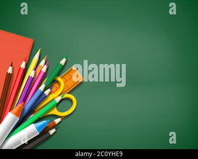 Realistic school supplies on blackboard background Stock Vector