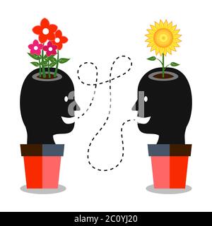 Positive communication is good for mental wellbeing. Two cartoon heads talking with one another. The flowers symbolize happy or creative minds. The he Stock Vector