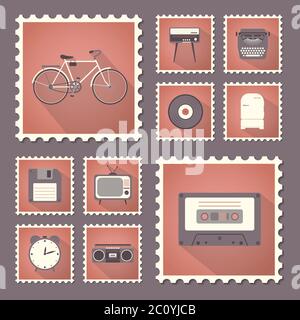 Retro style set flat stamps with shadow. Stock Vector