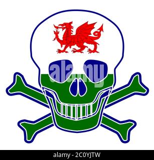 Skull and crossbones with the Welsh and red dragon flag sign over a white background Stock Vector