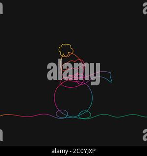 One line drawing of snowman, Rainbow colors on black background vector minimalistic linear illustration made of continuous line Stock Vector