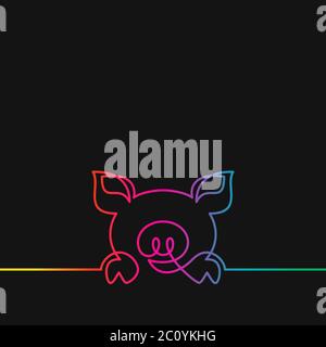 One line drawing of pig, Rainbow colors on black background vector minimalistic linear illustration made of continuous line Stock Vector