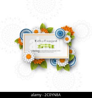 Indian Independence day banner. 3d wheels with flowers in traditional tricolor of indian flag. Paper cut style. White background, vector illustration. Stock Vector