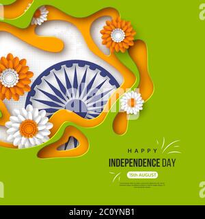 Indian Independence day holiday background. Paper cut shapes with shadow, flowers, 3d wheel in traditional tricolor of indian flag. Greeting text Stock Vector