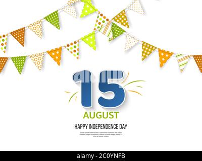 Indian Independence day holiday design. 3d numbers 15 in blue color with bunting flags in traditional tricolor of indian flag. White background Stock Vector