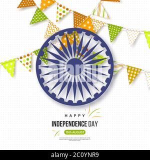 Indian Independence day holiday background. Bunting flags in traditional tricolor of indian flag, 3d wheel with shadow, dotted pattern, vector Stock Vector