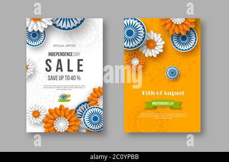 Indian Independence day sale posters. 3d wheels with flowers in traditional tricolor of indian flag. Paper cut style, vector illustration. Stock Vector
