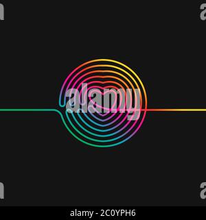 Continuous line drawing of circle transformed in heart, Vivid gradient colors on black background vector minimalistic linear illustration of love conc Stock Vector