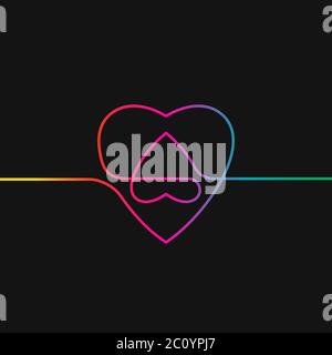 One line drawing of two hearts - small inside big upside down, Rainbow colors on black background vector minimalistic linear illustration of love conc Stock Vector