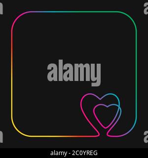 Continuous line drawing two hearts in square frame with round corners, Vivid neon colors on black background vector minimalistic linear illustration o Stock Vector
