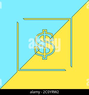 Dollar sign in square frame yellow and blue colors, Continuous line vector minimalist flat design Stock Vector