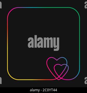 Continuous line drawing two hearts in square frame with round corners, Vivid neon colors on black background vector minimalistic linear illustration o Stock Vector