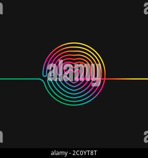 Continuous line drawing of circle transformed in heart, Vivid gradient colors on black background vector minimalistic linear illustration of love conc Stock Vector