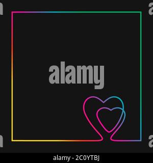 Continuous line drawing two hearts in square frame, Vivid neon colors on black background vector minimalistic linear illustration of love concept made Stock Vector