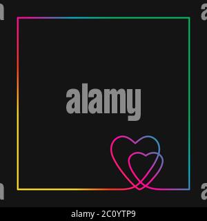 Continuous line drawing two hearts in square frame, Vivid neon colors on black background vector minimalistic linear illustration of love concept made Stock Vector