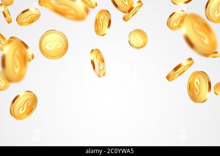 Realistic 3d golden coins explosion. Stock Vector