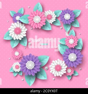 Paper cut 3d flower frame in pink, white and violet colors. Place for text, dotted pattern. Decorative elements for holiday design, vector Stock Vector