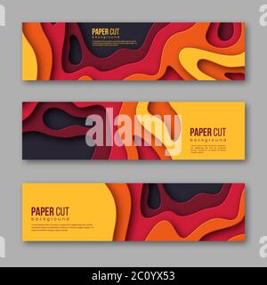 3d paper cut horizontal banners. Shapes with shadow in Autumn colors - yellow, orange, burgundy and violet. Design for decoration, business Stock Vector