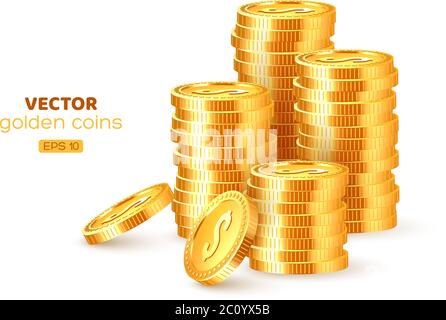 Realistic 3d golden stacks of coins. Stock Vector