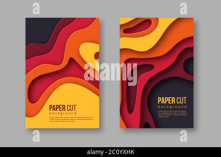 3d paper cut vertical banners. Shapes with shadow in Autumn colors - yellow, orange, burgundy and violet. Design for decoration, business presentation Stock Vector