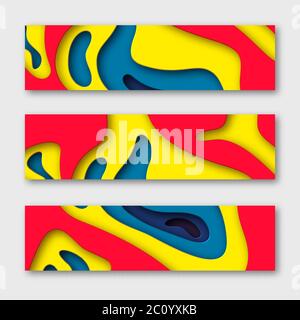 3d paper cut horizontal banners. Shapes with shadow in white and yellow, red, blue. Papercraft layered art. Design for decoration, business Stock Vector