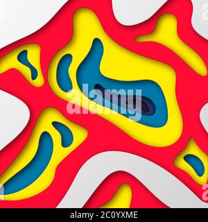 3d paper cut style background. Shapes with shadow in white and yellow, red, blue. Papercraft layered art. Design for decoration, business presentation Stock Vector