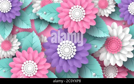 Horizontal paper cut 3d flowers background in pink, white and violet colors. Place for text. Decorative elements for holiday design, vector Stock Vector