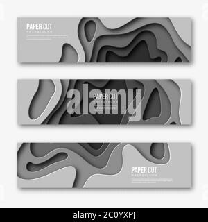 3d paper cut horizontal banners. Shapes with shadow in different grey color tones. Papercraft layered art. Design for decoration, business Stock Vector