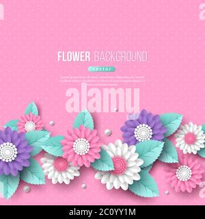 Banner with paper cut 3d flowers in pink, white and violet colors. Place for text, dotted pattern. Decorative elements for holiday design, vector Stock Vector