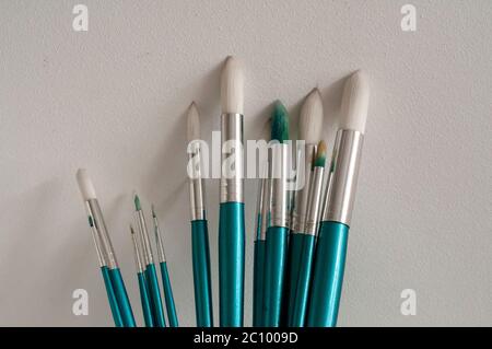 Set of round pointed paint brushes on white stucco background Stock Photo