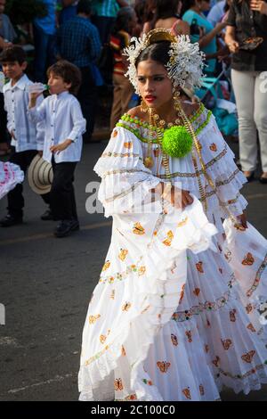 Girl dressed in pollera at the 'El Desfile de las Mil Polleras' (thousand polleras), Las Tablas, Los Santos province, Republic of Panama. Stock Photo