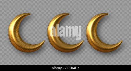 3d Golden Reflective Crescent Moons with Stars. Decorative Vector ...