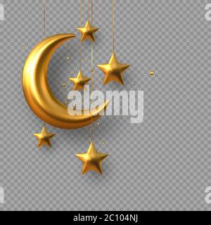 3d golden reflective crescent moons and stars. Stock Vector