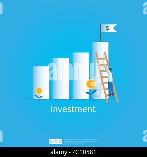 Business concept of achievement goal. Return on investment ROI vision. growth arrows to success. graph chart increase profit with money bag. Finance Stock Vector