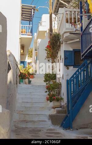 Typical Colors and Street in Mykonos Greece Stock Photo