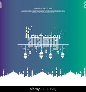 islamic design concept. Ramadan Kareem or Eid Mubarak greeting with mosque element and lantern ornament background for invitation Banner or Card Stock Vector