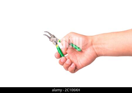 hand holds old pliers on white Stock Photo