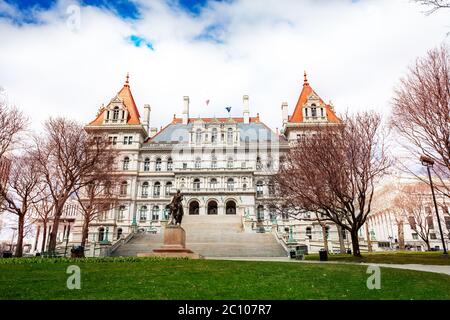 New York State Capitol building from East Park panorama with statue of General Philip Sheridan, Albany Stock Photo
